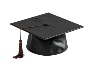 A black square graduation cap with a tassel hangs against a stark black backdrop