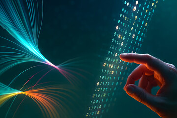 Human hand touching glowing binary code with neon data streams, symbolizing artificial intelligence, machine learning, big data, and the connection between people and digital technology