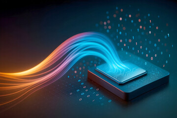 Futuristic AI processor chip with glowing data streams and binary code, symbolizing artificial intelligence, big data, machine learning, and next-generation digital technology