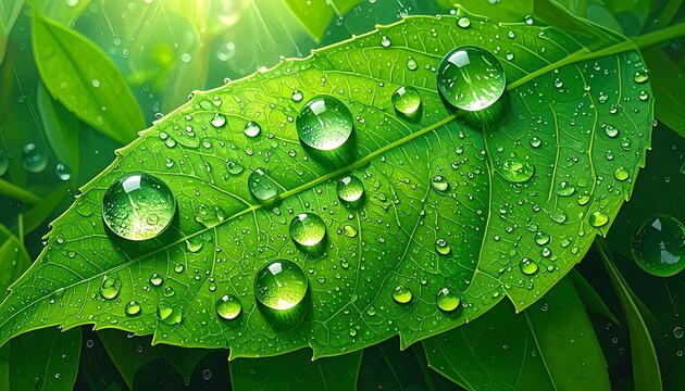 Close-up of a vibrant green leaf covered in glistening water droplets