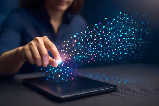 Businesswoman using tablet with glowing network connections and binary code, symbolizing artificial intelligence, data analysis, digital transformation, and future technology