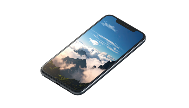 Sleek mobile device displays a scenic mountainous vista with clouds and blue sky