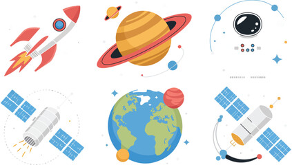 Naklejka premium Space Exploration Illustration Featuring Rocket Planet Astronaut Satellites