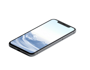 Sleek angled smartphone on black background, screen displays a blue abstract image