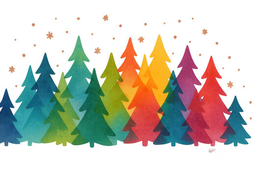 Watercolor christmas trees forming a colorful rainbow forest with golden glitter snowflakes on transparent background