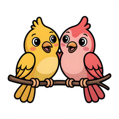 Cute Cartoon Pair of Lovebirds Sitting on a Branch for Kids, Animals, and Nature Themes