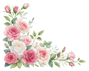 Watercolor Floral Border with Pink and White Roses isolated on white background
