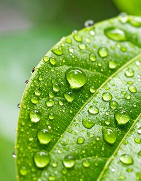 Close-up of a vibrant green leaf covered in water droplets