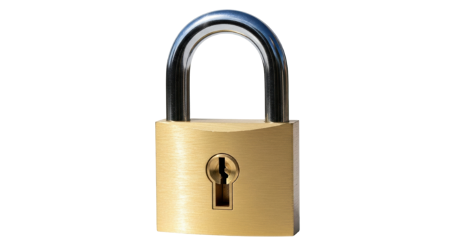 Isolated security lock brass, padlock close up protecting property and valuables in safety