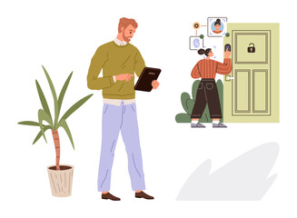 Man holding tablet, woman accessing smart door with facial recognition. Ideal for technology, smart home, security, innovation, facial recognition, remote control digital transformation. Simple flat