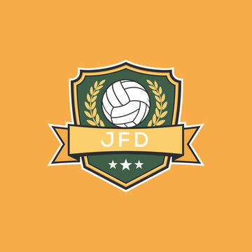 JFD Volleyball Logo Design JFD Modern Sports Shield Emblem with Ball, Laurel and Ribbon for Volleyball Club, JFD Tournament and Team Branding

