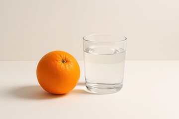 Fresh orange fruit with glass of clear water on light background with copy space minimal healthy lifestyle concept for wellness nutrition and beverage marketing