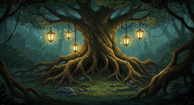 A giant ancient tree with glowing roots and lanterns hanging fantasy wallpaper