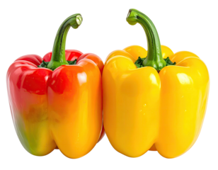 Two vibrant bell peppers, one red-orange, the other yellow, in close proximity