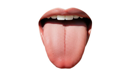 Isolated mouth with tongue out, teeth visible and open, in healthy condition for examination © Maelle