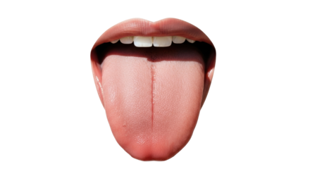 Isolated mouth with tongue out, teeth visible and open, in healthy condition for examination
