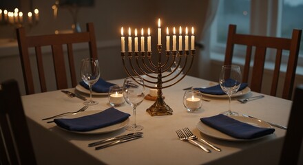 Hanukkah dinner table setting with menorah and candle