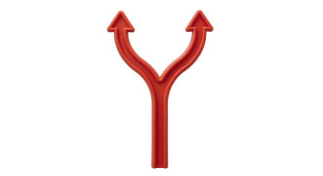 Isolated red plastic wishbone with two arrows pointing opposite directions on table top
