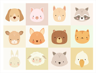 A set of cute animal faces. Vector.