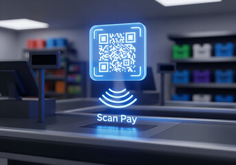 Digital QR Code Payment Technology: Holographic Glowing Code Projected Above a Supermarket Checkout Counter for Fast, Contactless, and Secure Mobile Scanning Payment