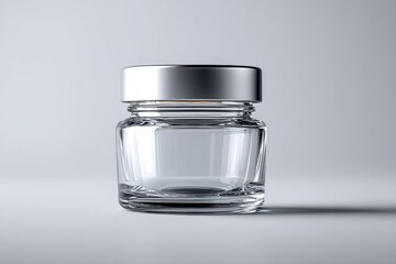Glass jar with metallic lid on light background front view