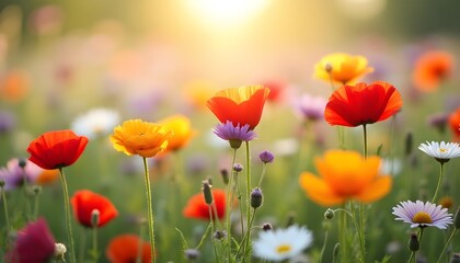 Fototapeta premium Colorful Wildflowers Blooming in Warm Sunset Light, Nature Photography