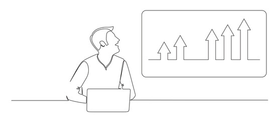 continuous line art of a man working on a laptop while looking at a graph