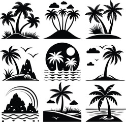 Collection of nine black silhouette illustrations of tropical palm trees on small islands with ocean waves and scenic backgrounds under a moonlit sky
