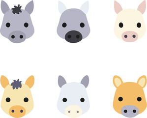 Collection of six adorable cartoon horse heads in various colors and styles featuring cute eyes and muzzles on a white background
