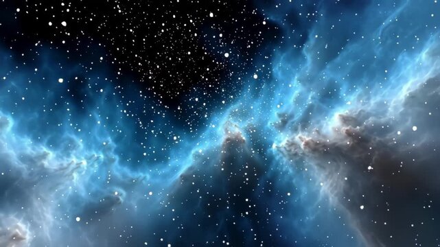 Cosmic nebula scene showcasing vibrant blue gas clouds and sparkling stars, illustrating the dynamic movement and depth of space, capturing the beauty of the universe in a continuous motion sequence