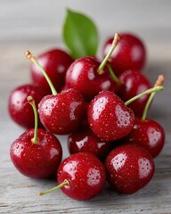 Pile Of Fresh Red Cherries With Water Droplets On Rustic Wooden Background