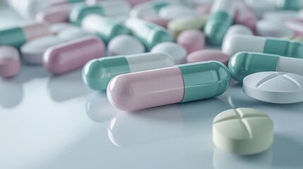 Brightly colored capsules and pills scattered randomly on a clean white surface, with soft lighting highlighting their textures, leaving ample room for text, balanced composition,