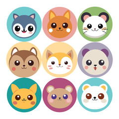 Collection of nine adorable kawaii style cartoon animal faces including squirrel fox hamster bear and panda perfect for childrens designs