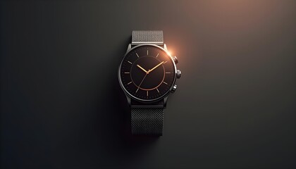 Elegant Dark Watch with Mesh Strap on Black Background with Warm Glow