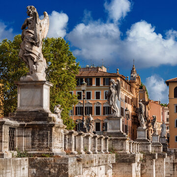 Ponte Sant'Angelo (Holy Angel Bridge) with beautiful baroque statues in the center of Rome
