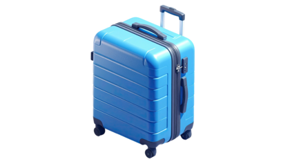 Isolated, vibrant blue suitcase with pull handle and wheels, angled on black