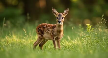 Fototapeta premium Young deer standing in green grass with sunlight