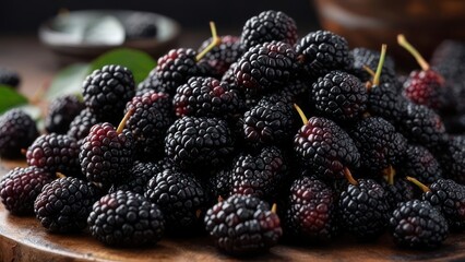 Mulberries on wooden surface