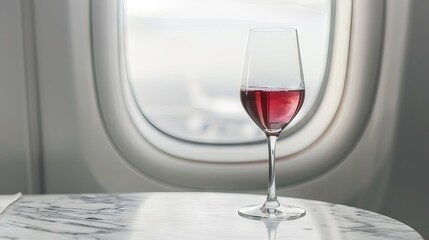 Reflective Glass of Red Wine on a Marble Table in an Airplane
