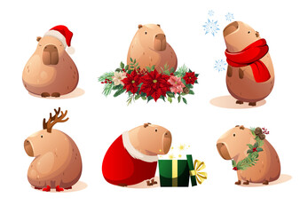 Set of Christmas capibaras on a white background. Cartoon animal design. Vector.
