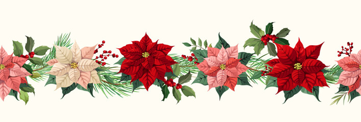 Horizontal seamless border with colorful poinsettias. Christmas decor. Vector.