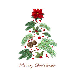 A poster with a Christmas tree made of pine branches, holly, cones, and a poinsettia flower.