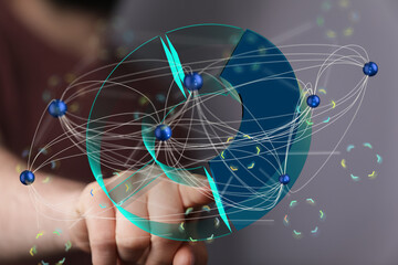 Abstract image depicting interconnected nodes, representing global network, data flow, and digital...