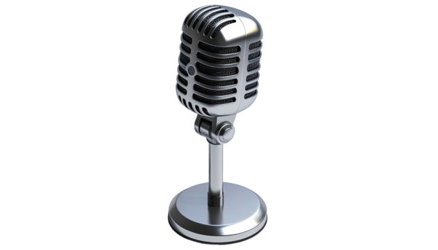 Shiny retro microphone stands on a pedestal, isolated against a stark black backdrop