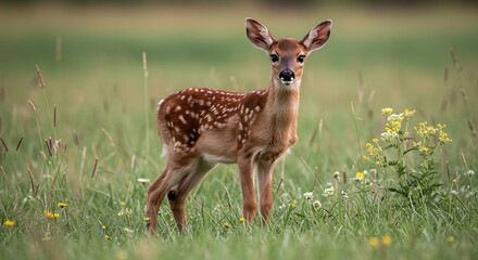 Young deer stands alert in a field of grass with wildflowers