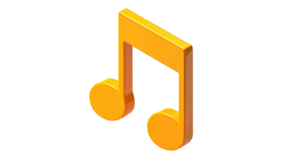 A bright orange, 3D musical note hovers against a stark black background