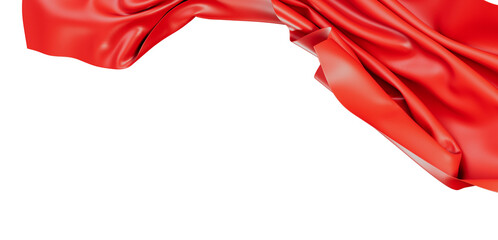 A close-up shot of red silk fabric with elegant folds and wrinkles on a white background. Perfect...