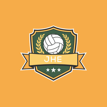 JHE Volleyball Logo Design JHE Modern Sports Shield Emblem with Ball, Laurel and Ribbon for Volleyball Club, JHE Tournament and Team Branding
