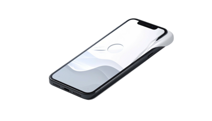 Angled smartphone, curved back protector, abstract screen wallpaper, isolated on black