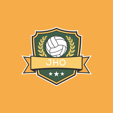 JHO Volleyball Logo Design JHO Modern Sports Shield Emblem with Ball, Laurel and Ribbon for Volleyball Club, JHO Tournament and Team Branding
